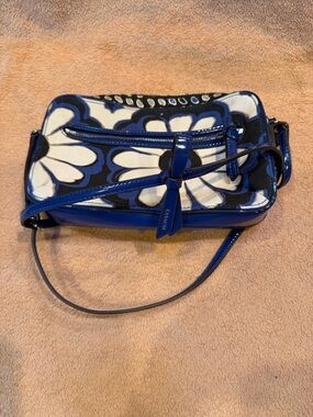 Coach Blue and White Floral Canvas Crossbody with Patent Trim